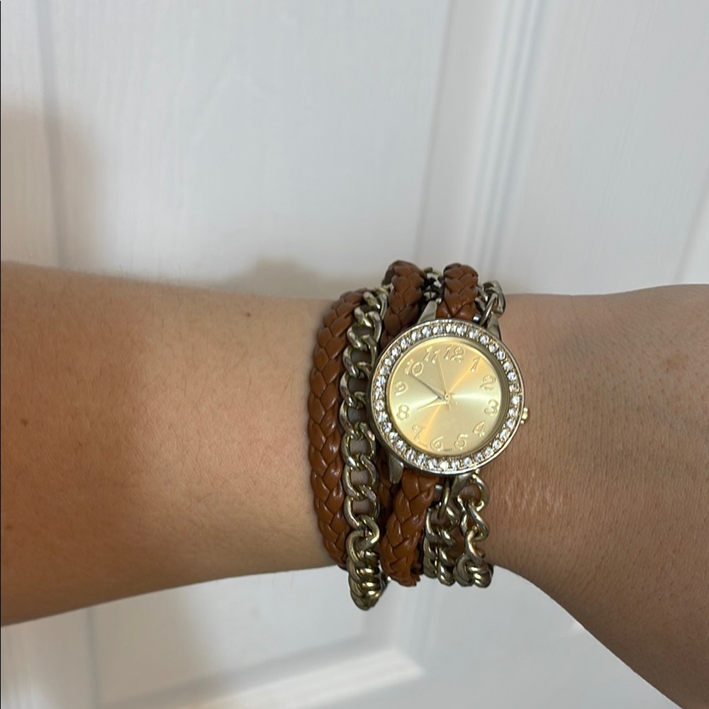 Brown Braided Wrap Watch with Gold Face